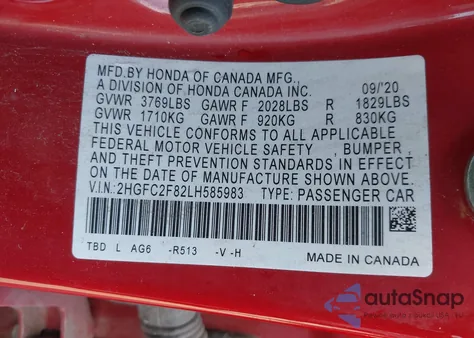 2020 Honda Civic Sport z USA, uszkodzony, nr VIN 2HGFC2F82LH585983